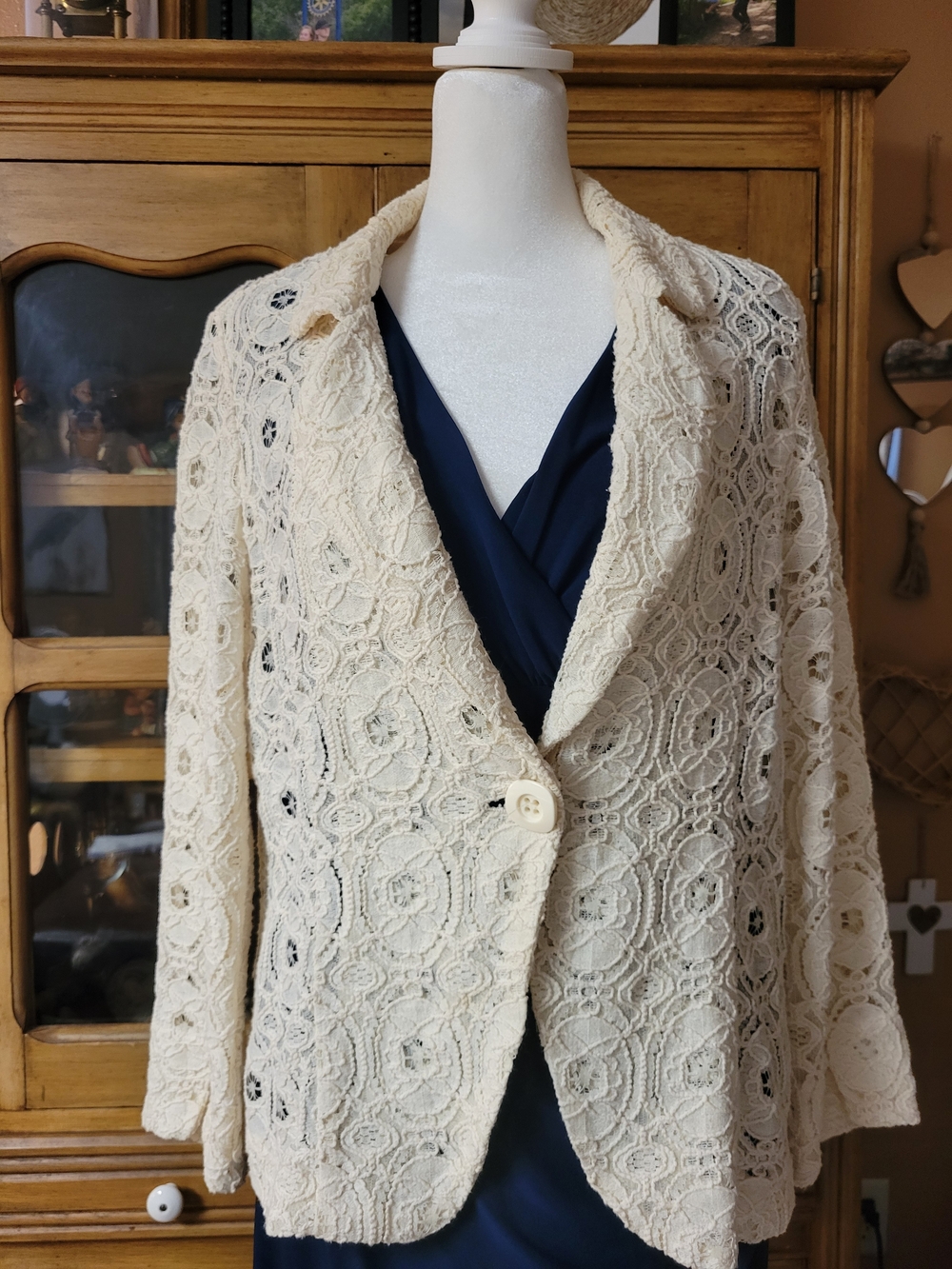 For Cynthia Ivory Lace Single-Button Cotton Blend Blazer/Jacket L